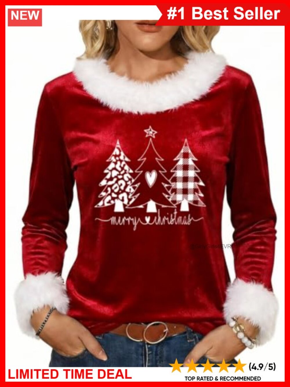 Faux Fur Trim Christmas Graphic Long Sleeve T-Shirt Holiday Party Tee